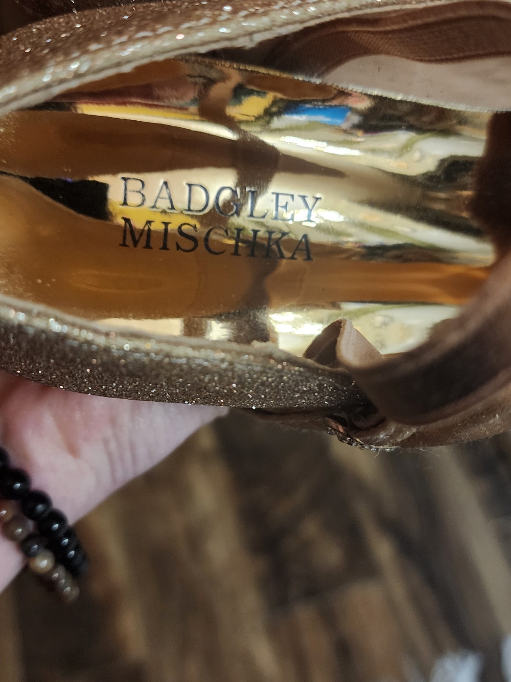 Badgley Mischka Sparkling Rose Gold Mary Jane Block Heels Sz 4 Bow - Picture 6 of 9